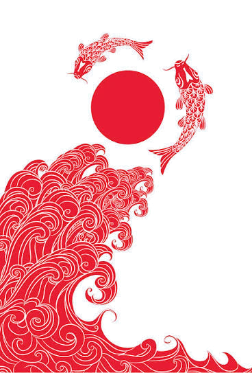 Two koi leaping over red waves beneath a vermilion sun